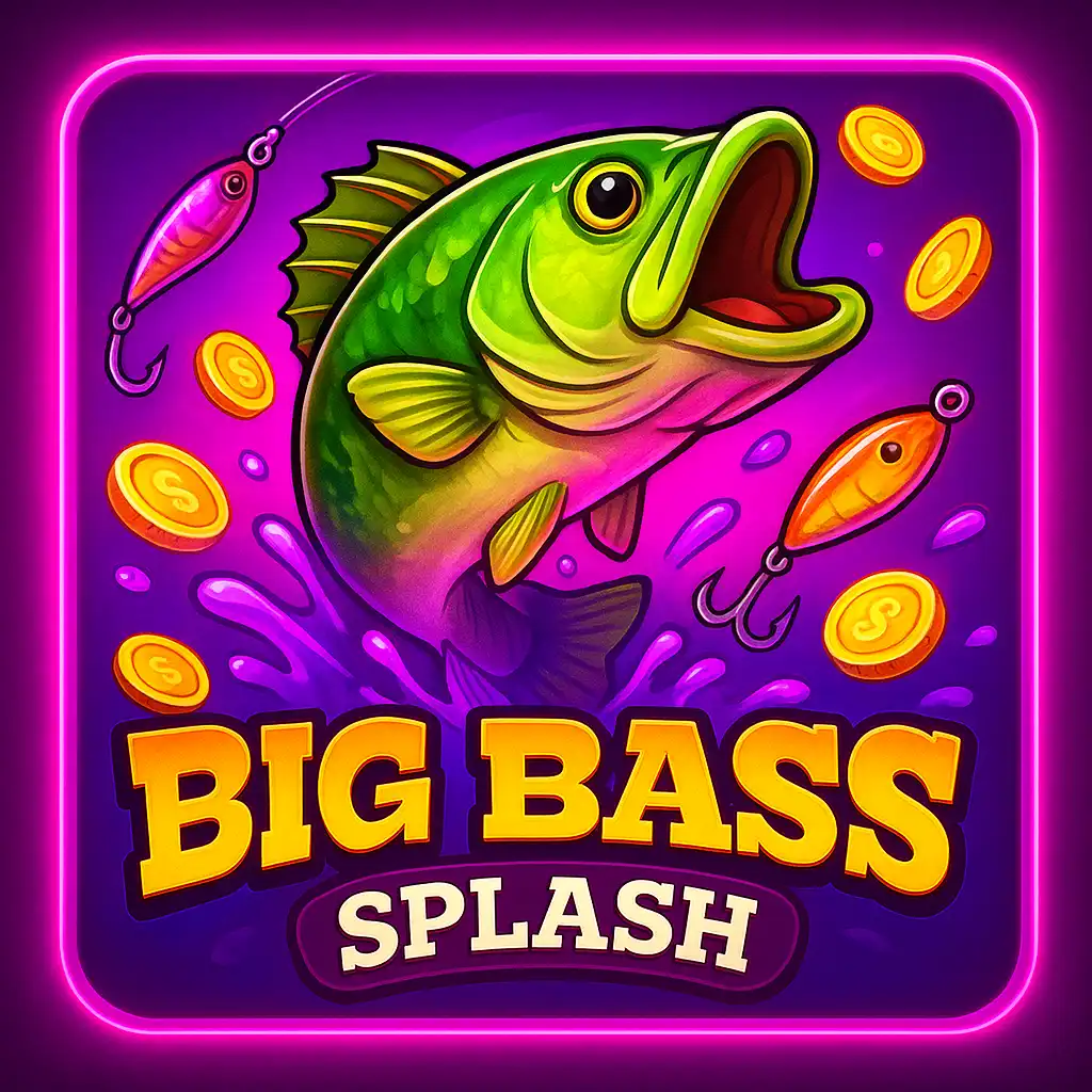 Big Bass Splash slot game artwork glowing with neon purple and pink casino lights