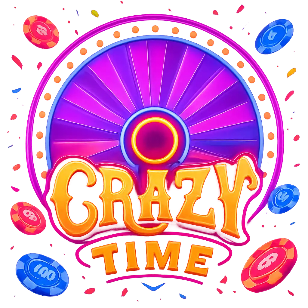 Crazy Time slot game artwork glowing with neon purple and pink casino lights