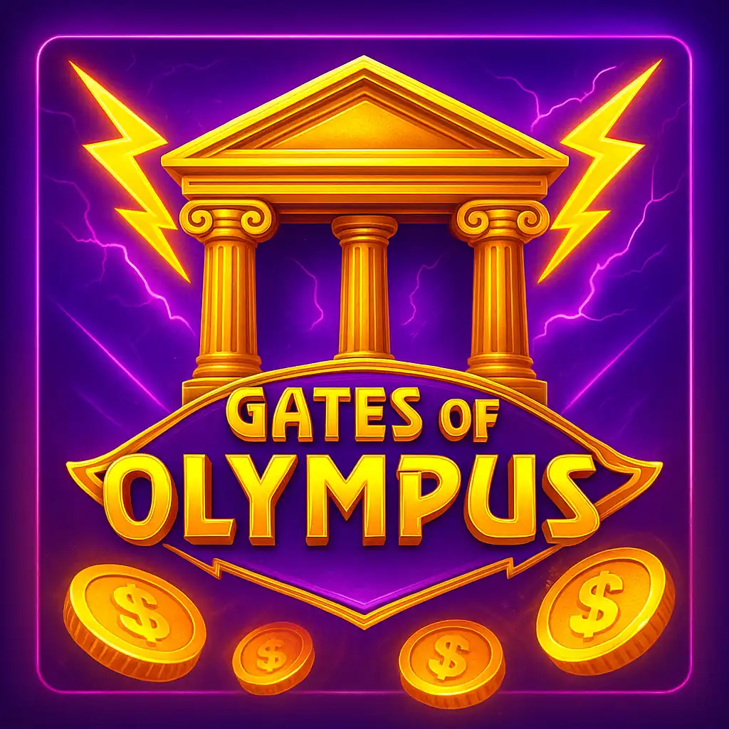 Gates of Olympus 1000 slot game artwork glowing with neon purple and pink casino lights