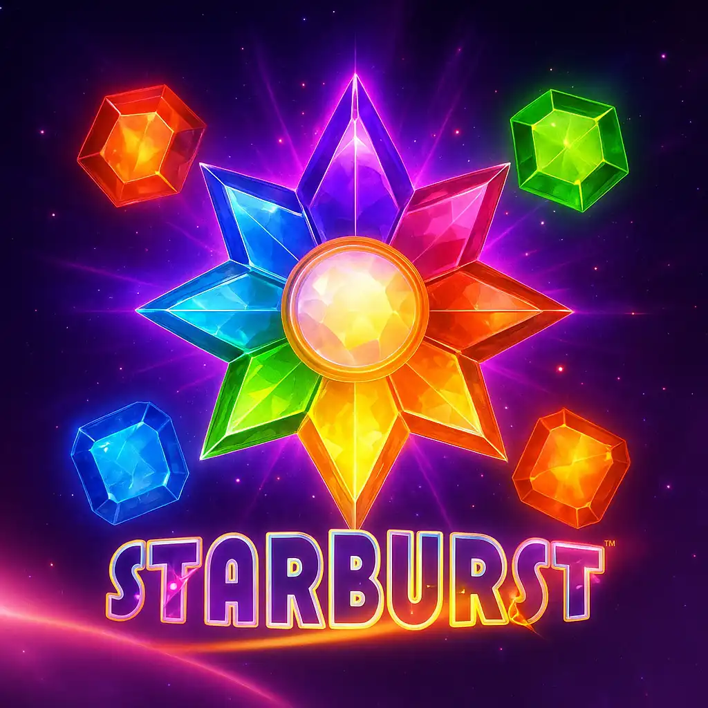 Starburst slot game artwork glowing with neon purple and pink casino lights