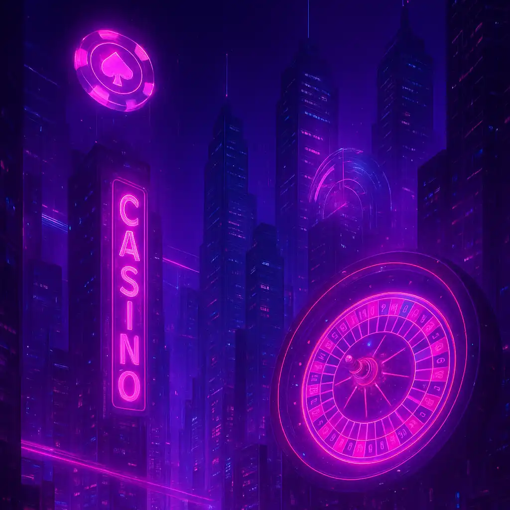 Futuristic neon purple and pink cityscape representing ArcticWin Casino at night